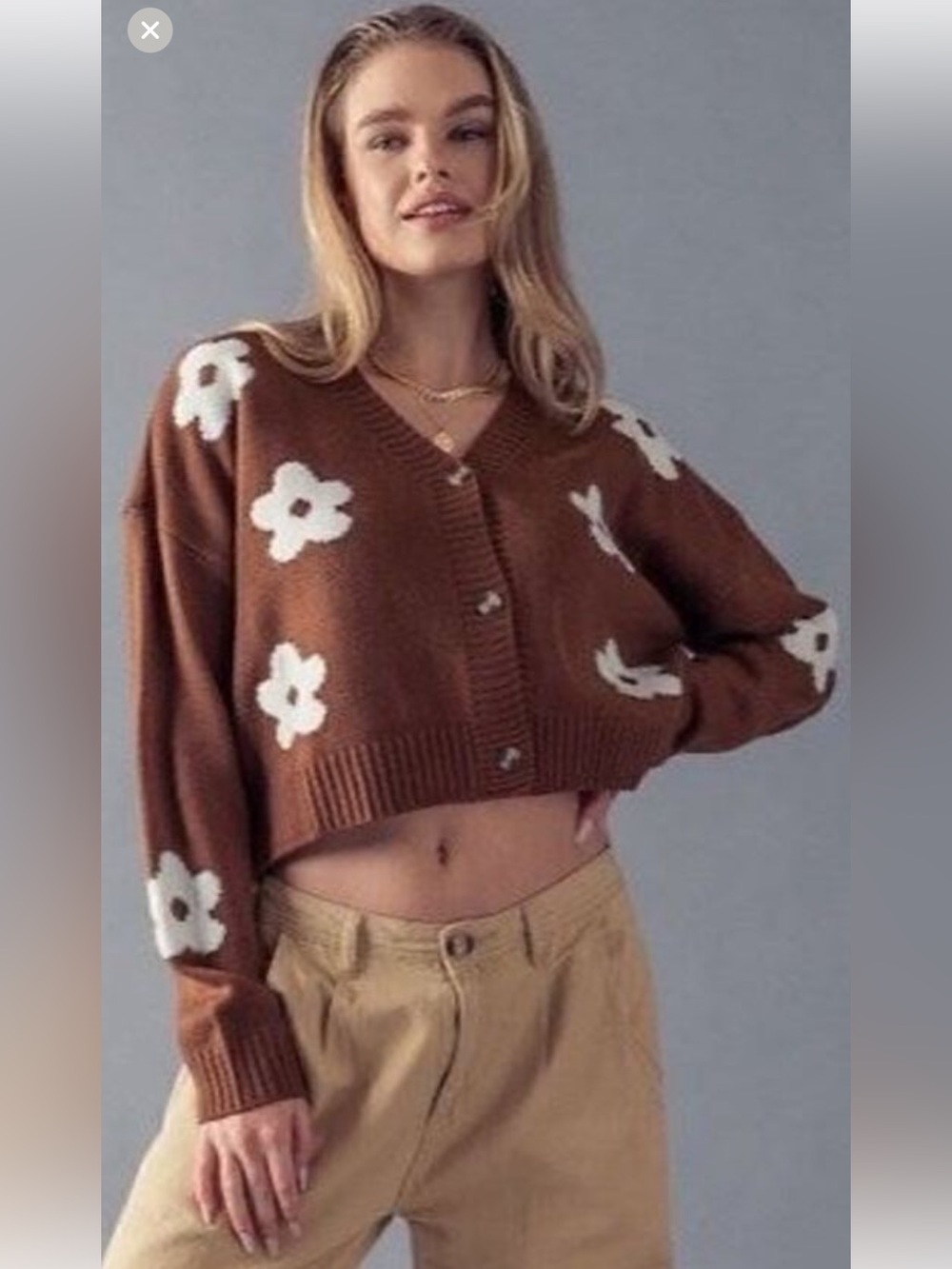 Love Tree Brown Cropped Floral Button Cardigan with Cream Flowers - Picture 1 of 12